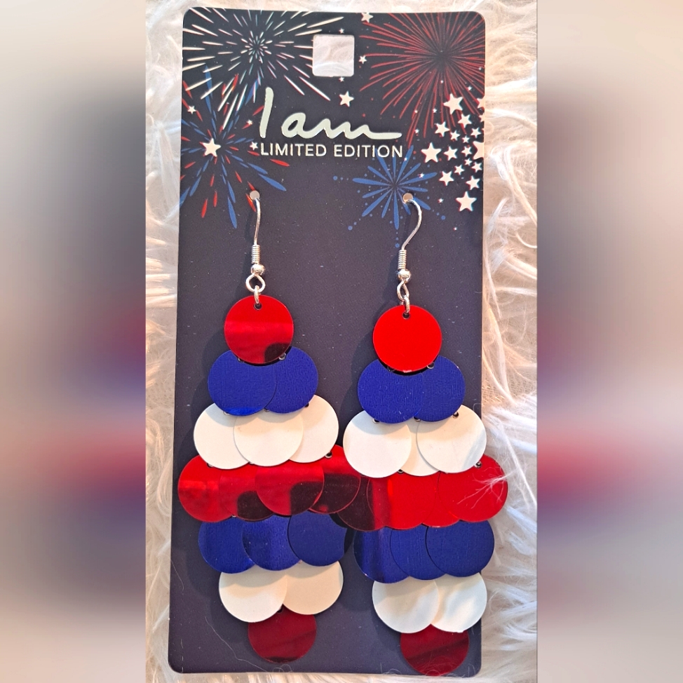 I Am Patriotic Drop Disk Earrings Patriotic Jewelry Labor Day Tiered Sequins